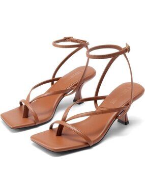 Women's Brown Pu Strappy Square Open Toe Dressy Thong Comfort Kitten Heel Sandal